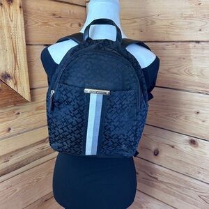 Tommy Hilfiger Black Monogram Mini Backpack Gold Logo Stripe Nylon 12”x12” Y2K